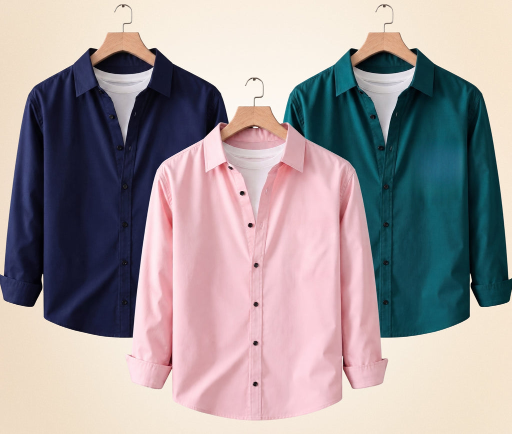 Blind Bear Men's Solid Full Sleeve Casual Shirts – Navy Blue, Peach Pink and Teal Green (Pack of 3)