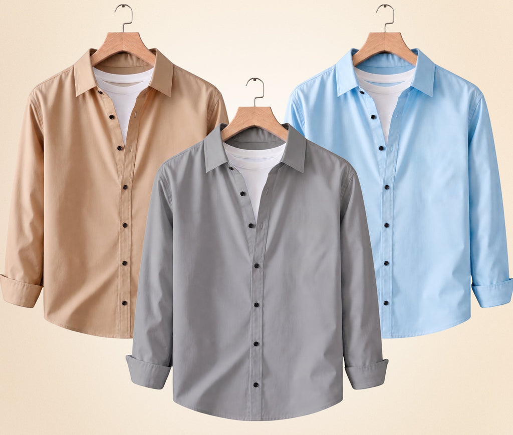 Blind Bear Men's Solid Full Sleeve Casual Shirts – Sand Beige, Grey and Sky Blue (Pack of 3)
