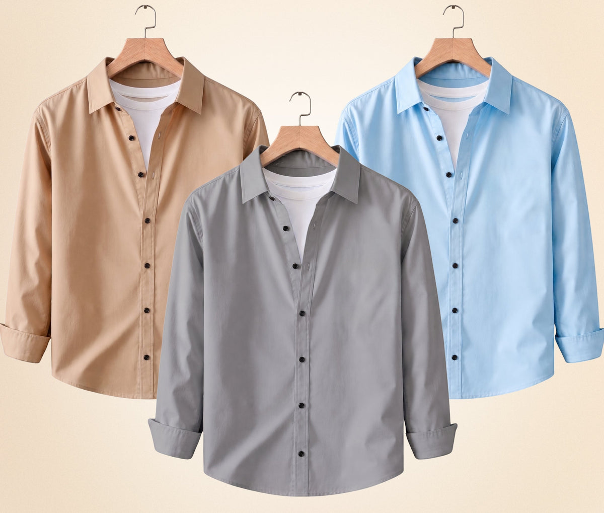 Blind Bear Men's Solid Full Sleeve Casual Shirts – Sand Beige, Grey and Sky Blue (Pack of 3)