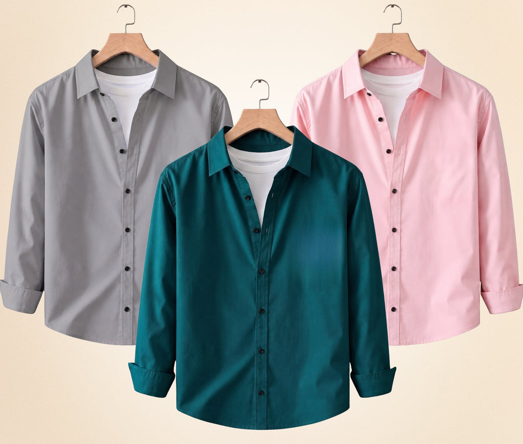 Blind Bear Men's Solid Full Sleeve Casual Shirts – Grey, Peach Pink and Teal Green (Pack of 3)