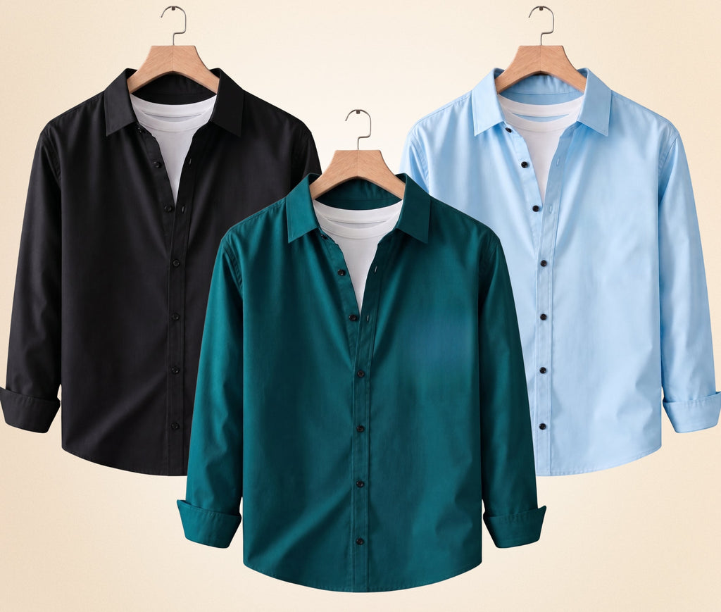 Blind Bear Men's Solid Full Sleeve Casual Shirts – Black, Sky Blue and Teal Green (Pack of 3)
