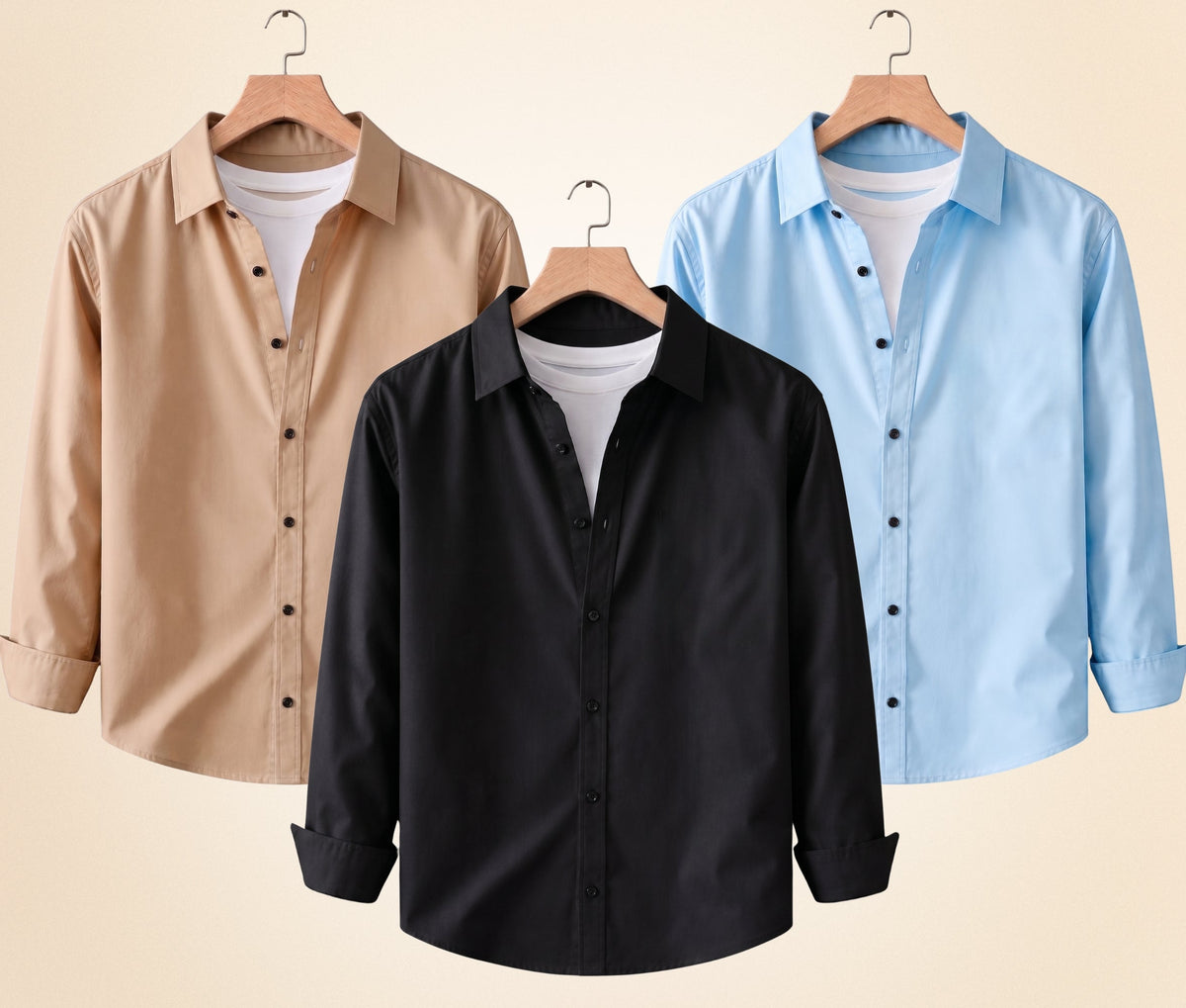 Blind Bear Men's Solid Full Sleeve Casual Shirts – Black, Sand Beige and Sky Blue (Pack of 3)