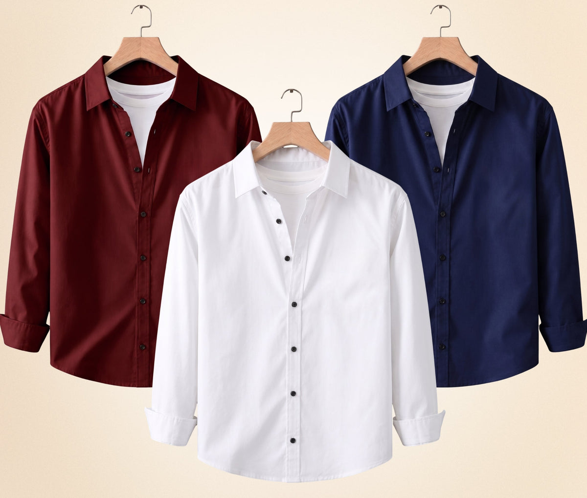 Blind Bear Men's Solid Full Sleeve Casual Shirts – Burgundy, Navy Blue and White (Pack of 3)