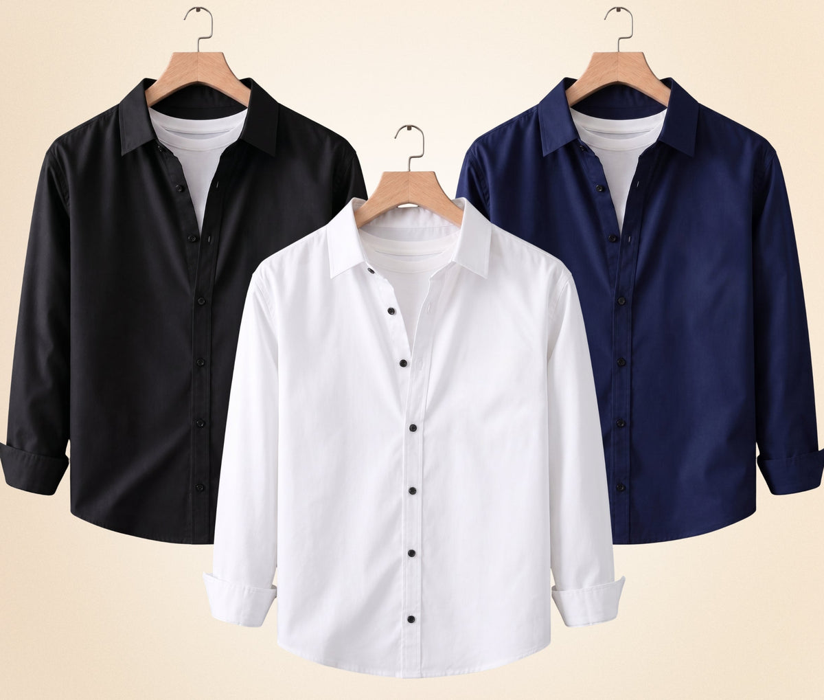 Blind Bear Men's Solid Full Sleeve Casual Shirts – Black, Navy Blue and White (Pack of 3)