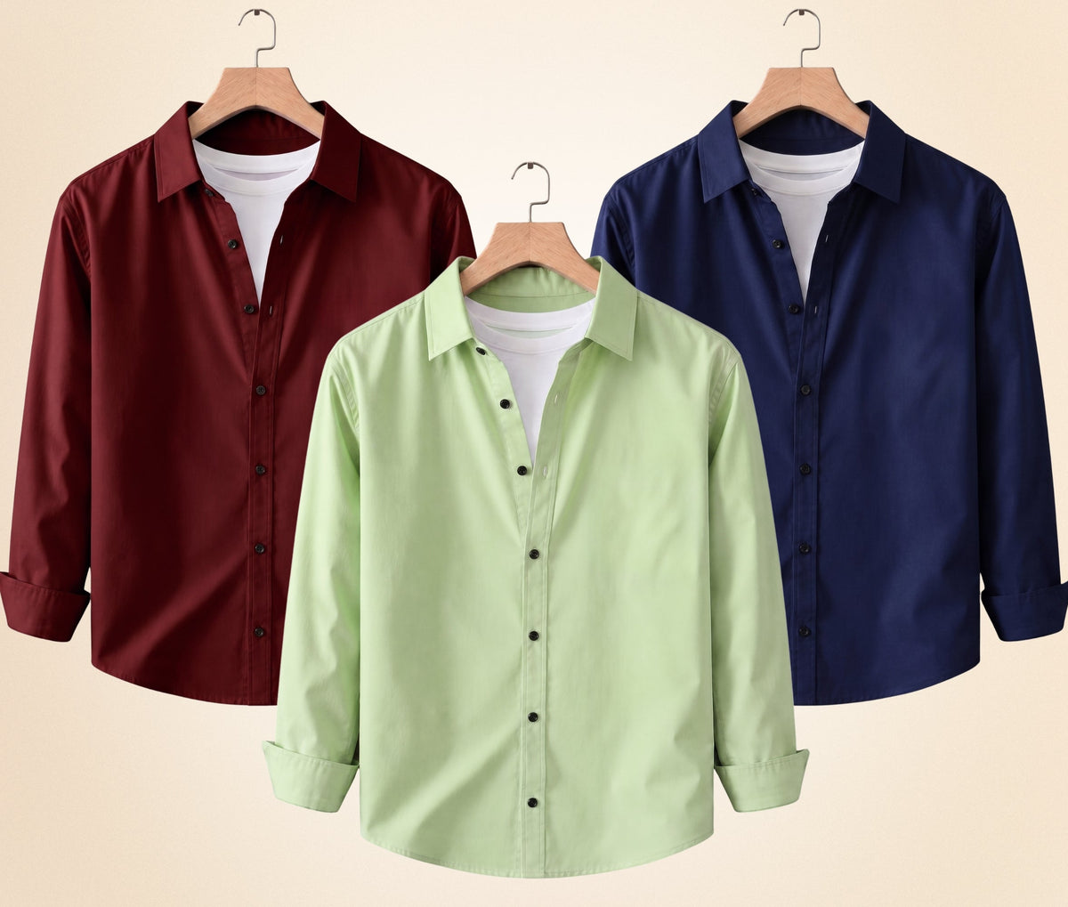 Blind Bear Men's Solid Full Sleeve Casual Shirts – Burgundy, Navy Blue and Pista (Pack of 3)