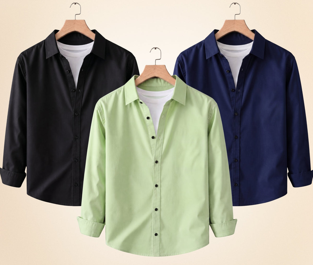 Blind Bear Men's Solid Full Sleeve Casual Shirts – Black, Navy Blue and Pista (Pack of 3)
