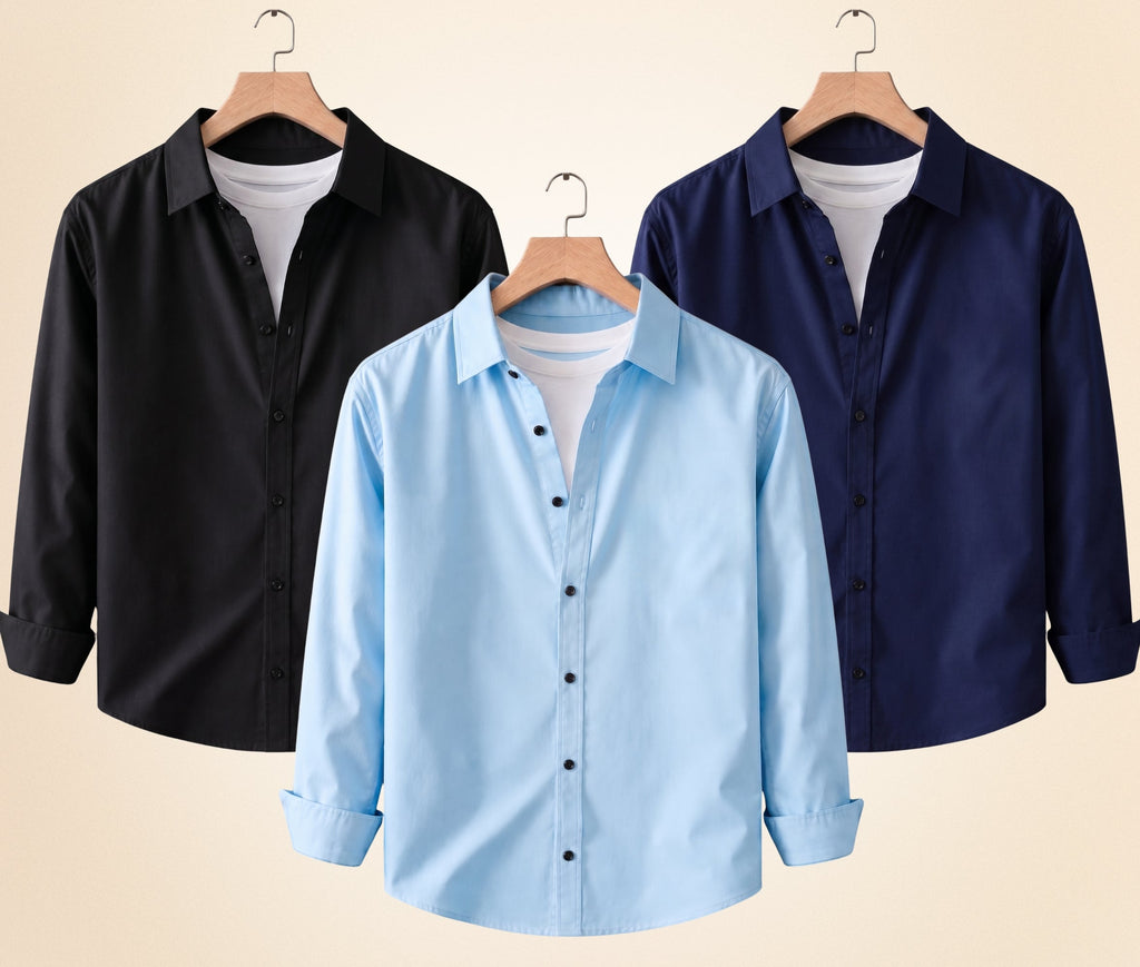 Blind Bear Men's Solid Full Sleeve Casual Shirts – Black, Navy Blue and Sky Blue (Pack of 3)