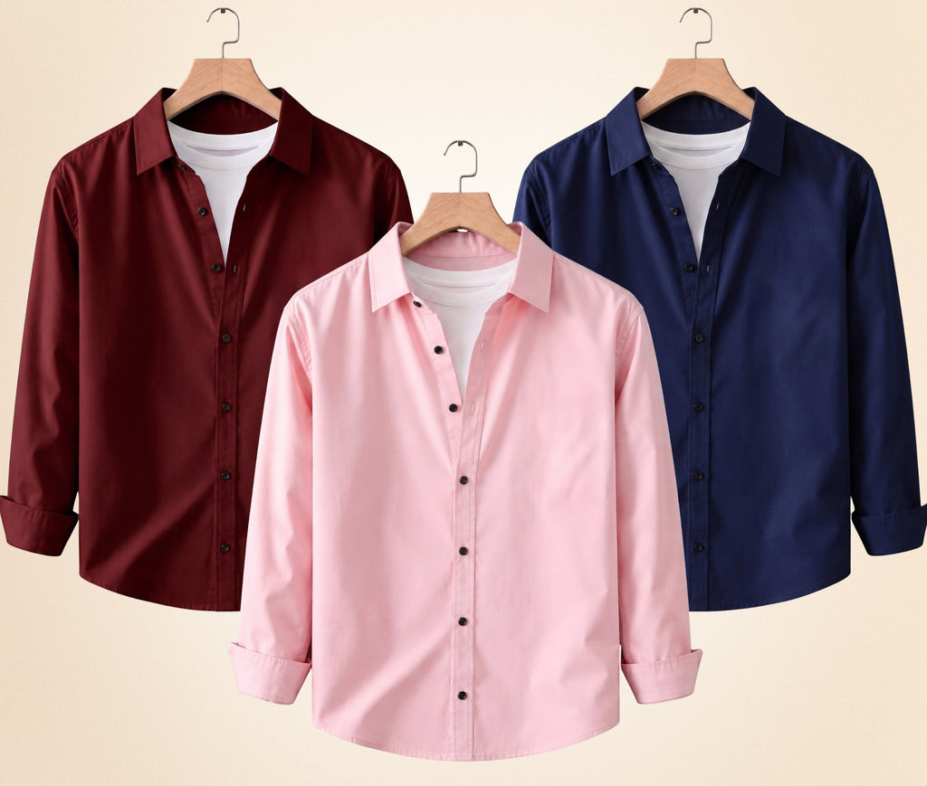 Blind Bear Men's Solid Full Sleeve Casual Shirts – Burgundy, Navy Blue and Peach Pink (Pack of 3)