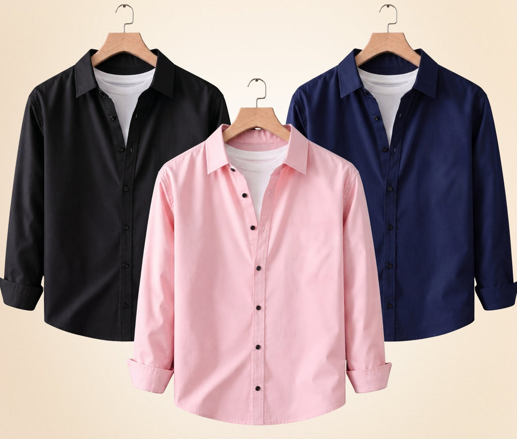 Blind Bear Men's Solid Full Sleeve Casual Shirts – Black, Navy Blue and Peach Pink (Pack of 3)