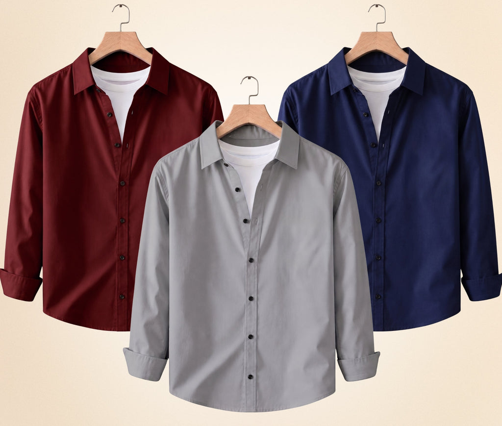 Blind Bear Men's Solid Full Sleeve Casual Shirts – Grey, Burgundy and Navy Blue (Pack of 3)
