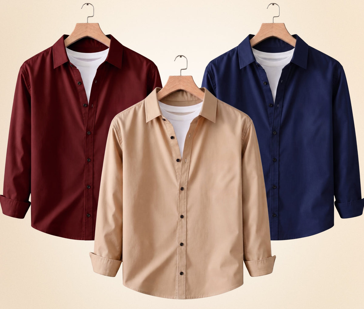 Blind Bear Men's Solid Full Sleeve Casual Shirts – Sand Beige, Burgundy and Navy Blue (Pack of 3)