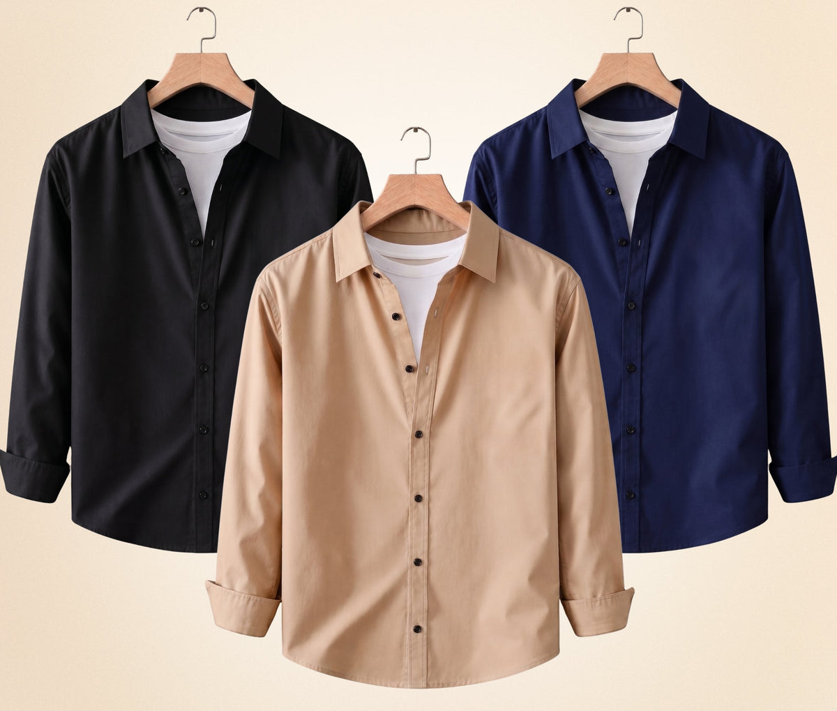 Blind Bear Men's Solid Full Sleeve Casual Shirts – Black, Sand Beige and Navy Blue (Pack of 3)