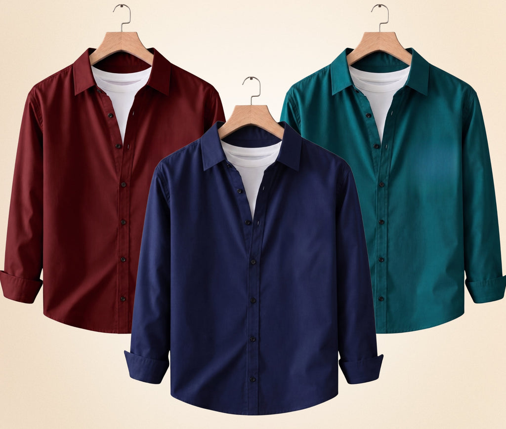 Blind Bear Men's Solid Full Sleeve Casual Shirts – Burgundy, Navy Blue and Teal Green (Pack of 3)