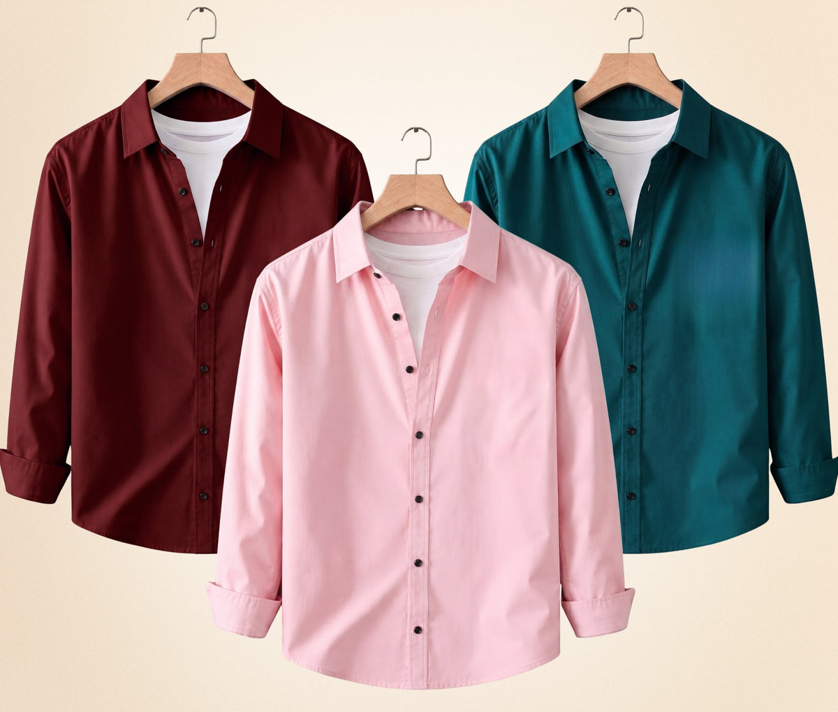 Blind Bear Men's Solid Full Sleeve Casual Shirts – Burgundy, Peach Pink and Teal Green (Pack of 3)