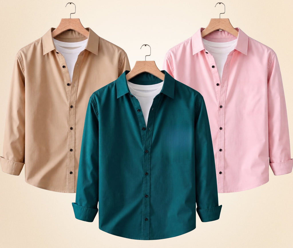 Blind Bear Men's Solid Full Sleeve Casual Shirts – Sand Beige, Peach Pink and Teal Green (Pack of 3)