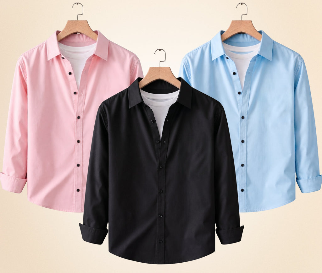 Blind Bear Men's Solid Full Sleeve Casual Shirts – Black, Peach Pink and Sky Blue (Pack of 3)