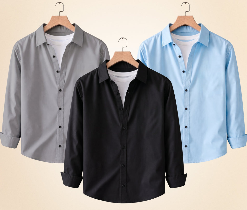 Blind Bear Men's Solid Full Sleeve Casual Shirts – Black, Grey and Sky Blue (Pack of 3)