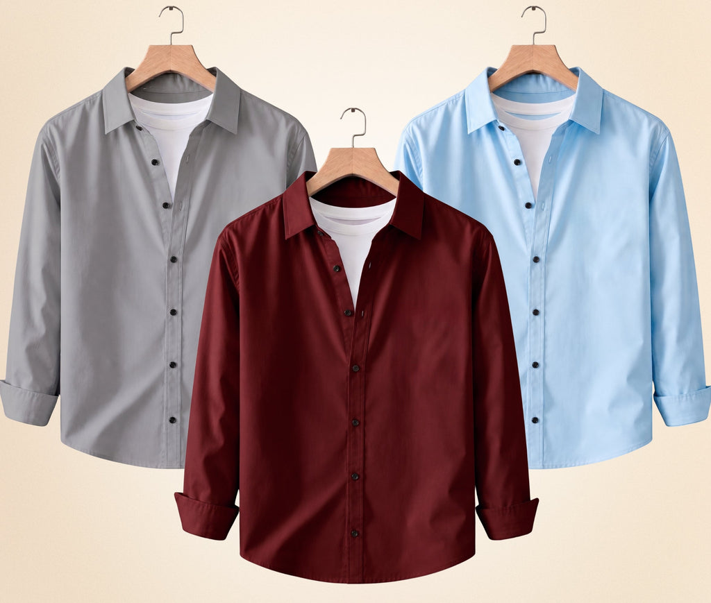 Blind Bear Men's Solid Full Sleeve Casual Shirts – Grey, Burgundy and Sky Blue (Pack of 3)