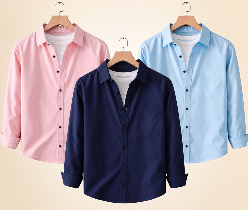 Blind Bear Men's Solid Full Sleeve Casual Shirts – Navy Blue, Peach Pink and Sky Blue (Pack of 3)