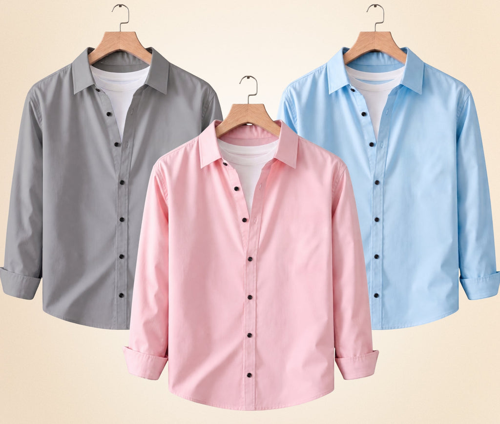 Blind Bear Men's Solid Full Sleeve Casual Shirts – Grey, Peach Pink and Sky Blue (Pack of 3)