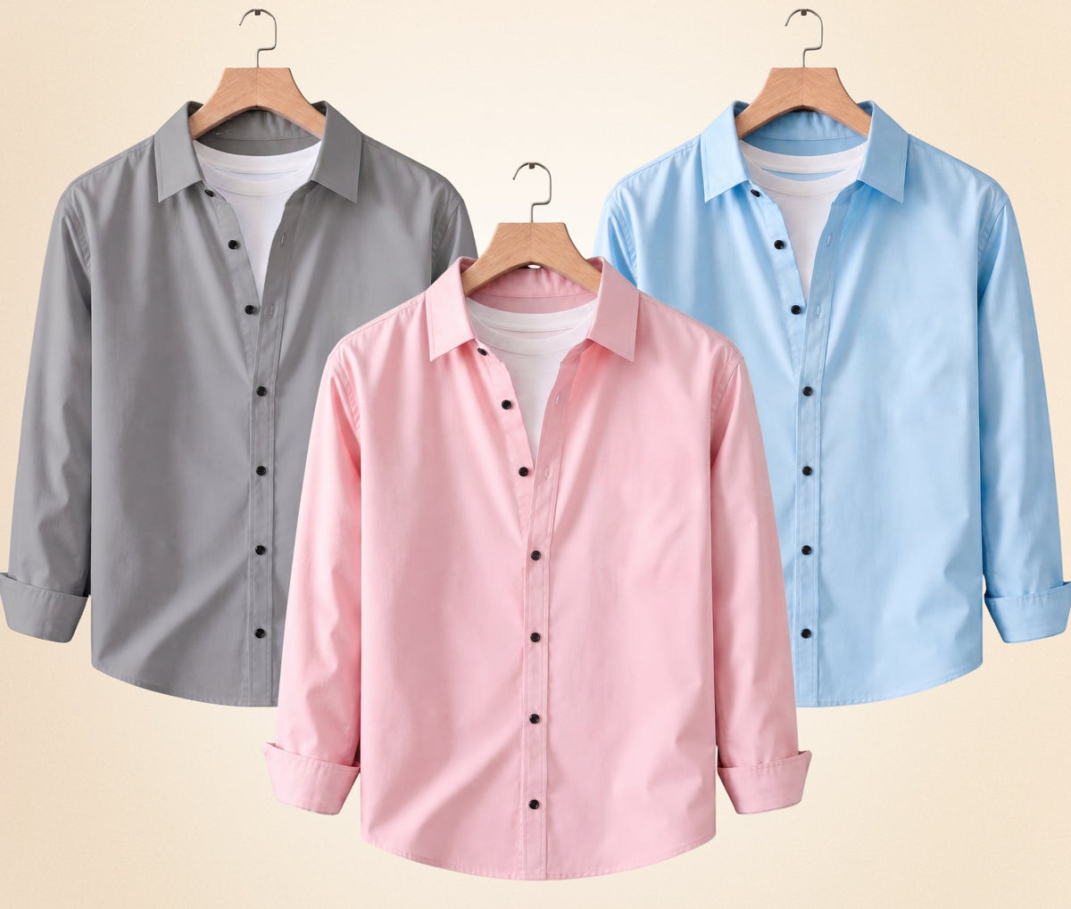 Blind Bear Men's Solid Full Sleeve Casual Shirts – Grey, Peach Pink and Sky Blue (Pack of 3)