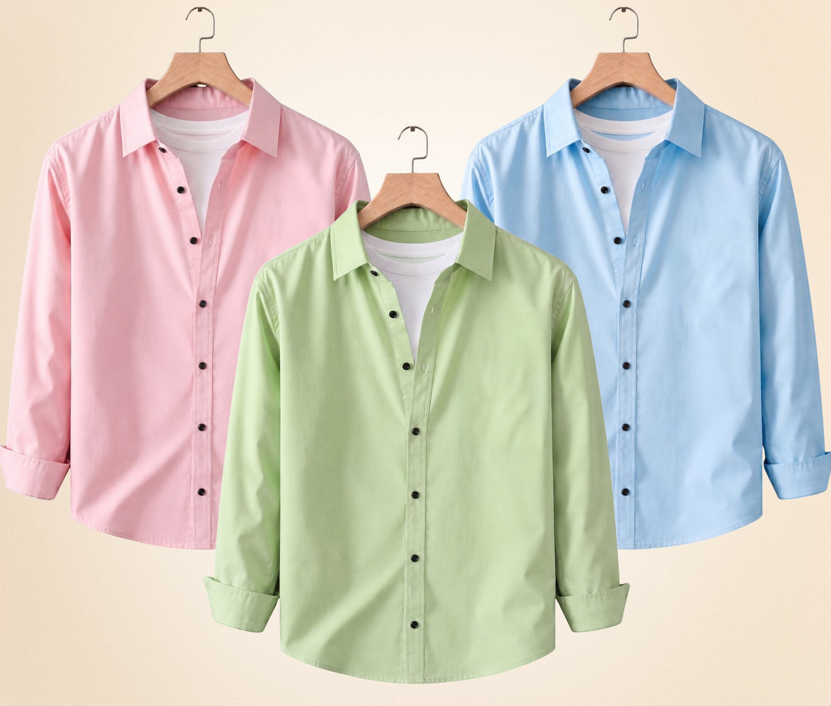 Blind Bear Men's Solid Full Sleeve Casual Shirts – Peach Pink, Pista and Sky Blue (Pack of 3)
