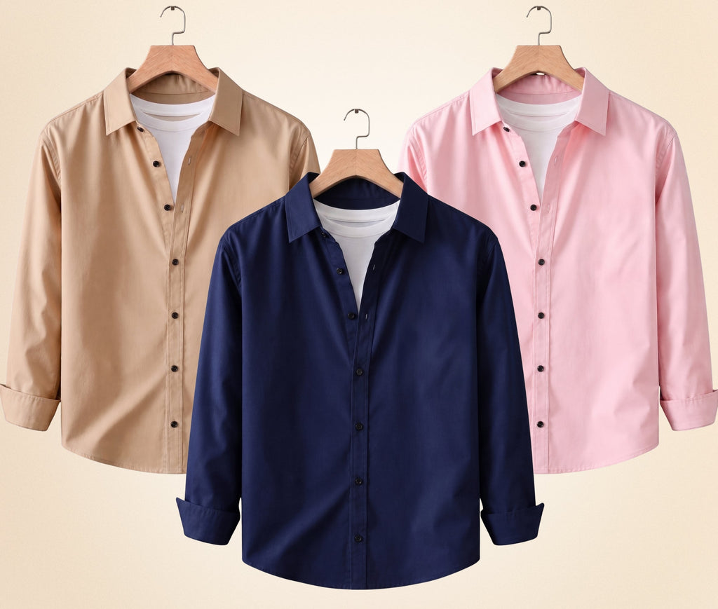 Blind Bear Men's Solid Full Sleeve Casual Shirts – Sand Beige, Navy Blue and Peach Pink (Pack of 3)