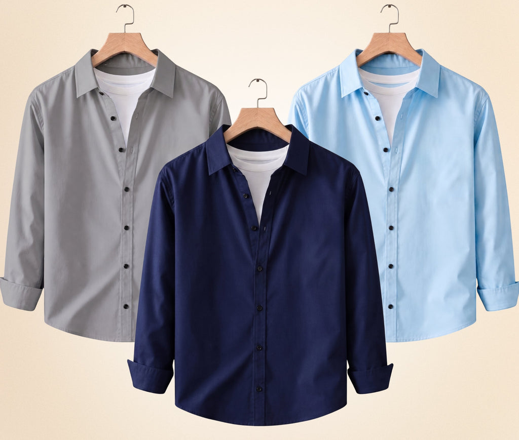 Blind Bear Men's Solid Full Sleeve Casual Shirts – Grey, Navy Blue and Sky Blue (Pack of 3)