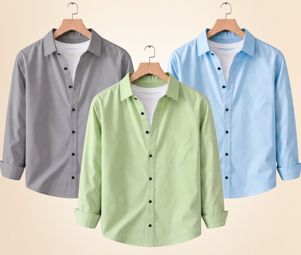 Blind Bear Men's Solid Full Sleeve Casual Shirts – Grey, Pista and Sky Blue (Pack of 3)