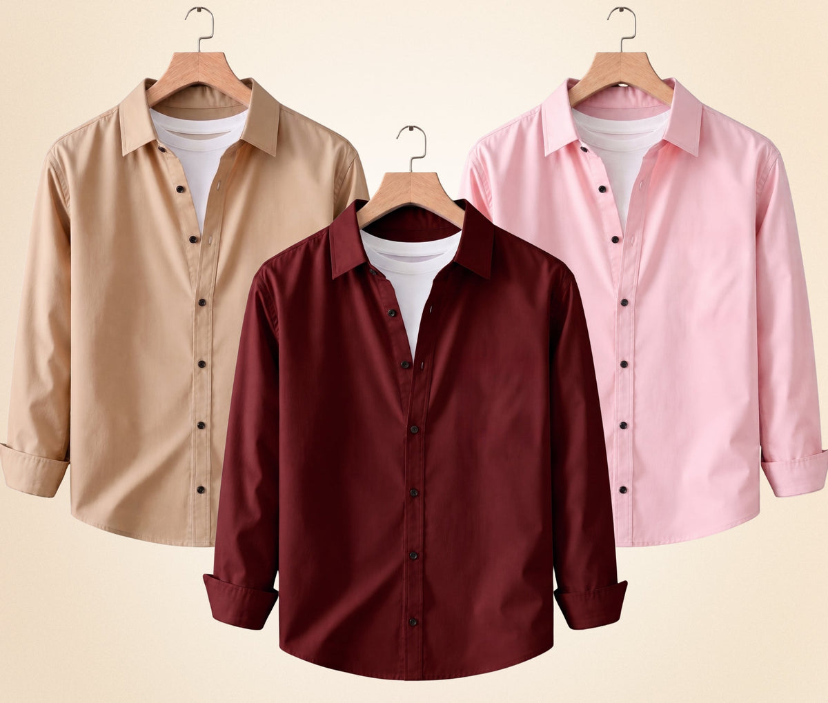Blind Bear Men's Solid Full Sleeve Casual Shirts – Sand Beige, Burgundy and Peach Pink (Pack of 3)