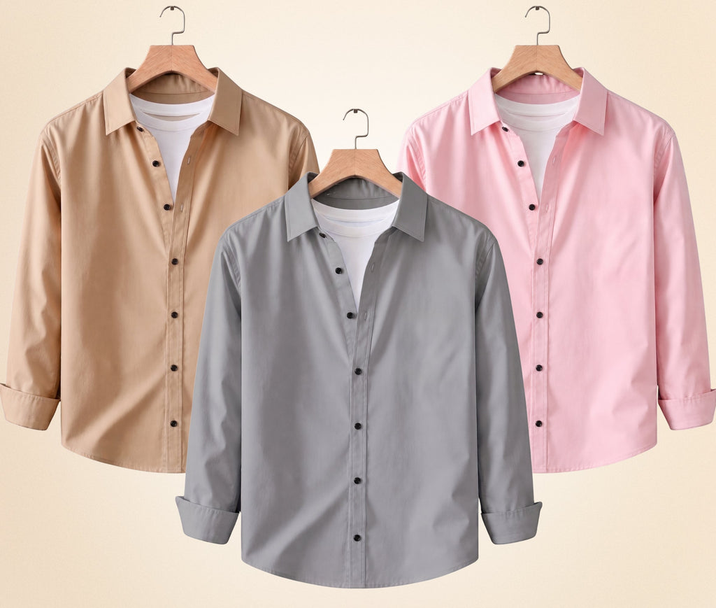 Blind Bear Men's Solid Full Sleeve Casual Shirts – Sand Beige, Grey and Peach Pink (Pack of 3)