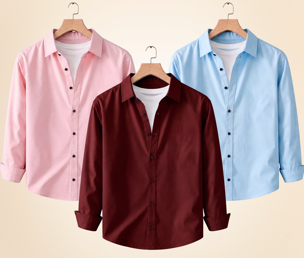 Blind Bear Men's Solid Full Sleeve Casual Shirts – Burgundy, Peach Pink and Sky Blue (Pack of 3)