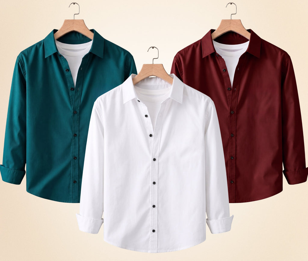 Blind Bear Men's Solid Full Sleeve Casual Shirts – Burgundy, Teal Green and White (Pack of 3)