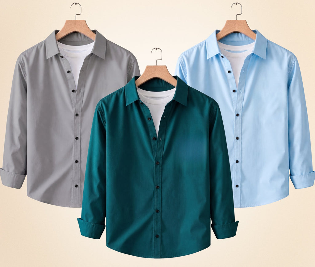 Blind Bear Men's Solid Full Sleeve Casual Shirts – Grey, Sky Blue and Teal Green (Pack of 3)