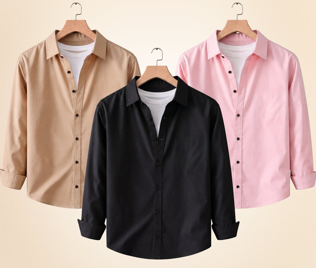 Blind Bear Men's Solid Full Sleeve Casual Shirts – Black, Sand Beige and Peach Pink (Pack of 3)