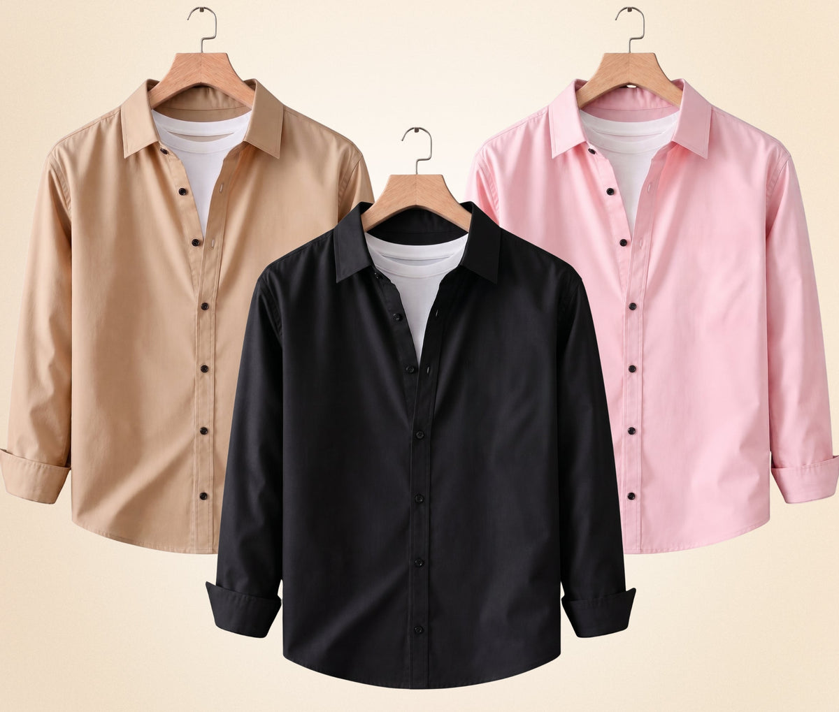 Blind Bear Men's Solid Full Sleeve Casual Shirts – Black, Sand Beige and Peach Pink (Pack of 3)