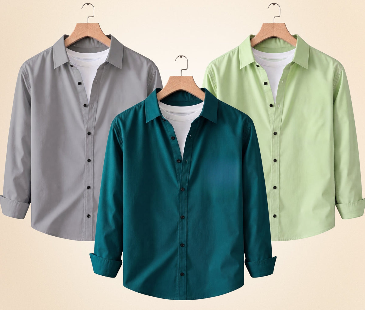Blind Bear Men's Solid Full Sleeve Casual Shirts – Grey, Pista and Teal Green (Pack of 3)