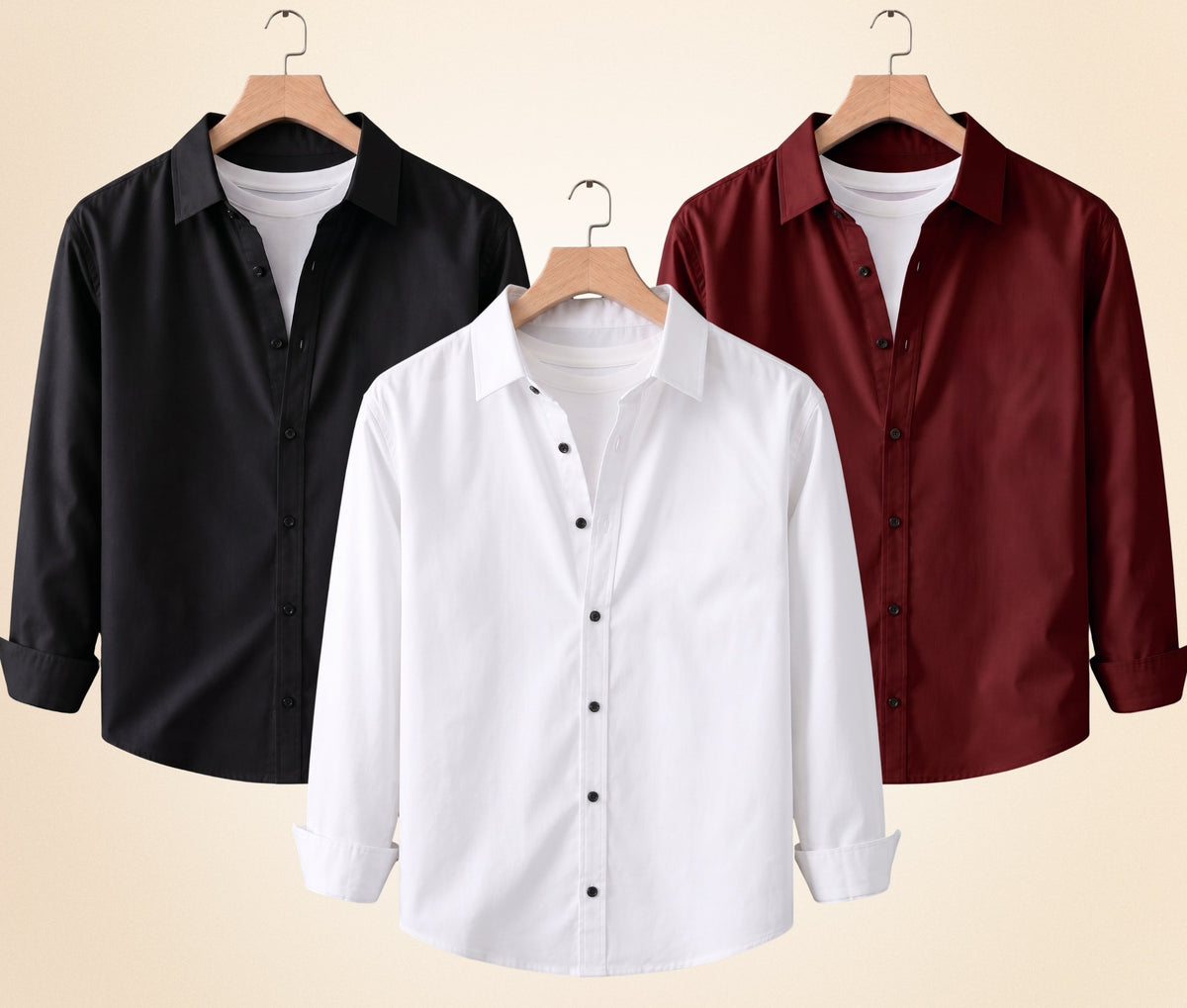 Blind Bear Men's Solid Full Sleeve Casual Shirts – Black, Burgundy and White (Pack of 3)