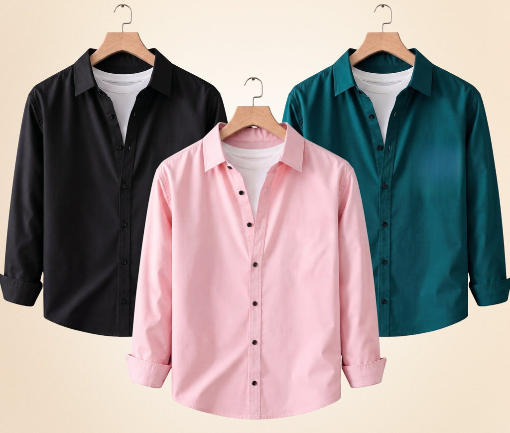 Blind Bear Men's Solid Full Sleeve Casual Shirts – Black, Peach Pink and Teal Green (Pack of 3)