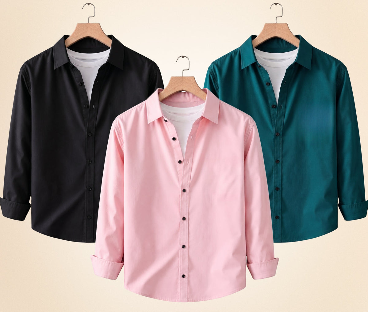 Blind Bear Men's Solid Full Sleeve Casual Shirts – Black, Peach Pink and Teal Green (Pack of 3)