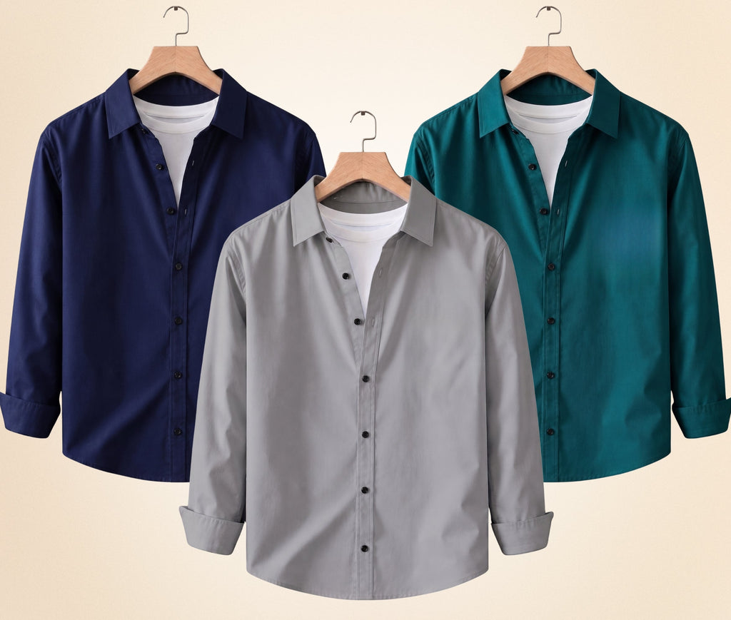 Blind Bear Men's Solid Full Sleeve Casual Shirts – Grey, Navy Blue and Teal Green (Pack of 3)