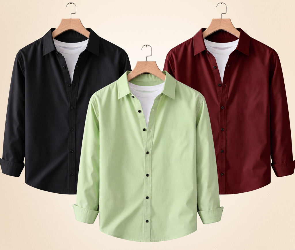 Blind Bear Men's Solid Full Sleeve Casual Shirts – Black, Burgundy and Pista (Pack of 3)