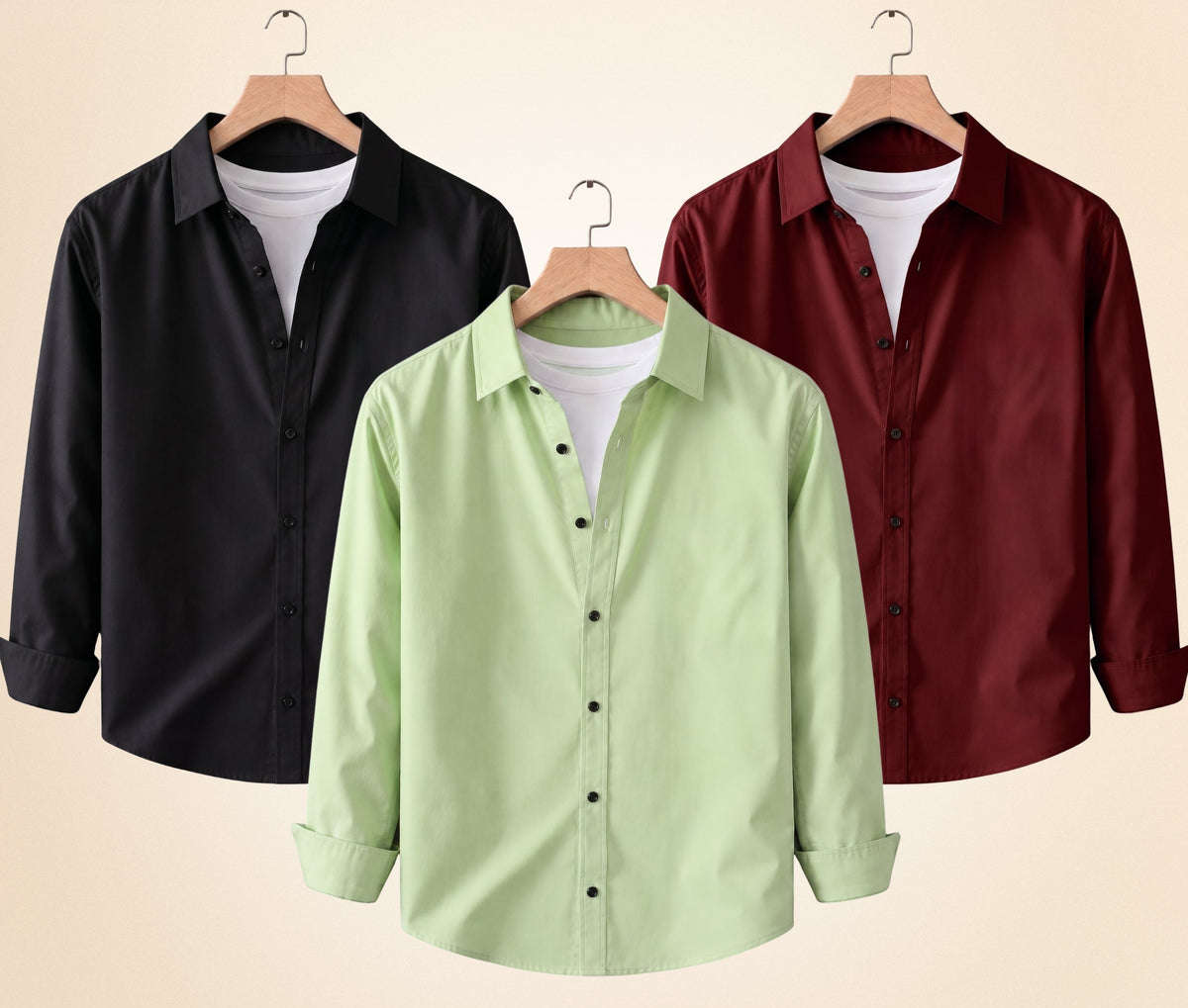 Blind Bear Men's Solid Full Sleeve Casual Shirts – Black, Burgundy and Pista (Pack of 3)