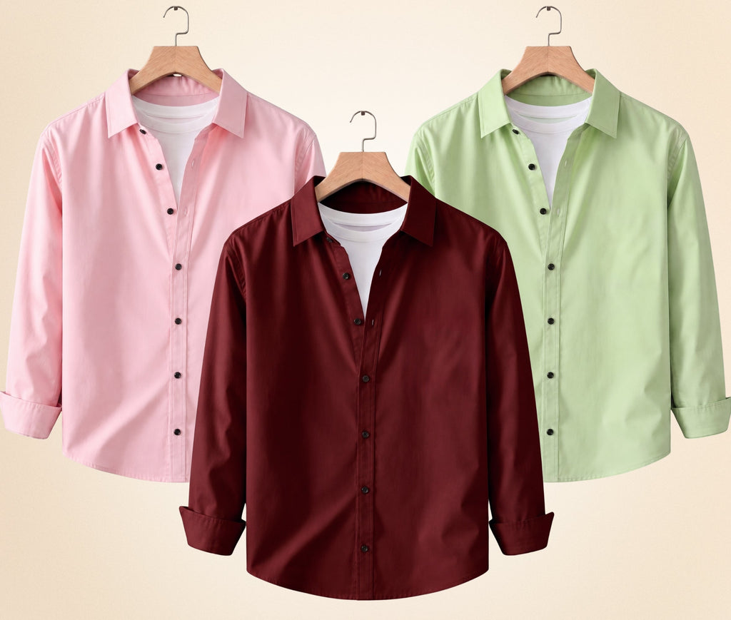 Blind Bear Men's Solid Full Sleeve Casual Shirts – Burgundy, Peach Pink and Pista (Pack of 3)