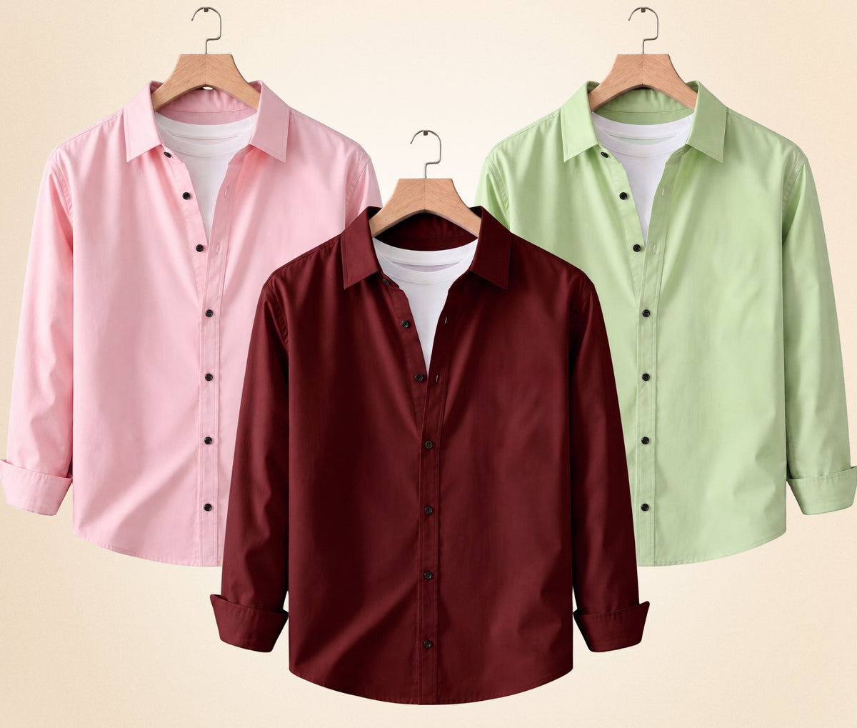 Blind Bear Men's Solid Full Sleeve Casual Shirts – Burgundy, Peach Pink and Pista (Pack of 3)
