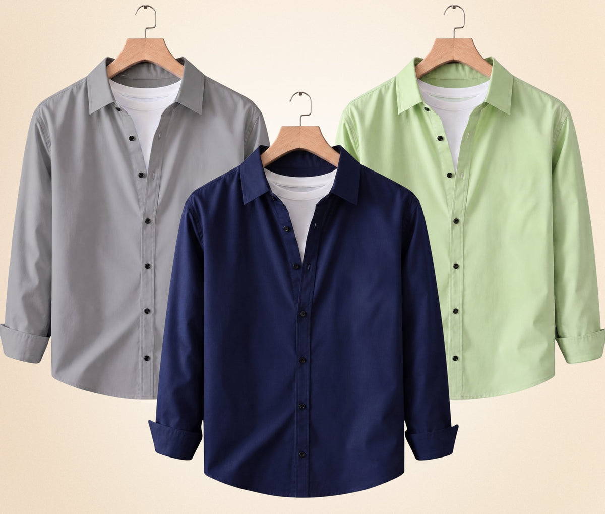 Blind Bear Men's Solid Full Sleeve Casual Shirts – Grey, Navy Blue and Pista (Pack of 3)