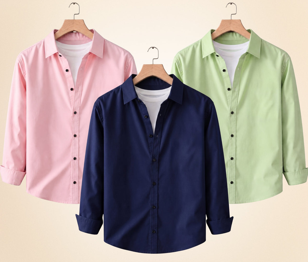 Blind Bear Men's Solid Full Sleeve Casual Shirts – Navy Blue, Peach Pink and Pista (Pack of 3)