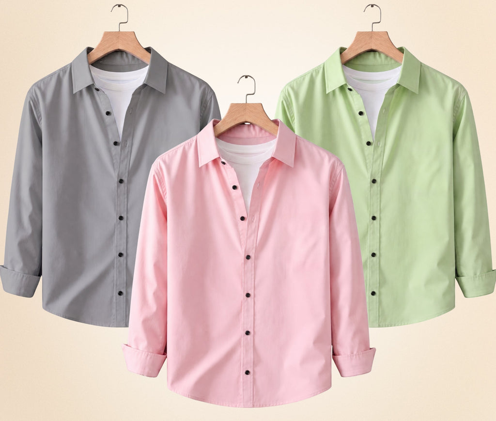 Blind Bear Men's Solid Full Sleeve Casual Shirts – Grey, Peach Pink and Pista (Pack of 3)