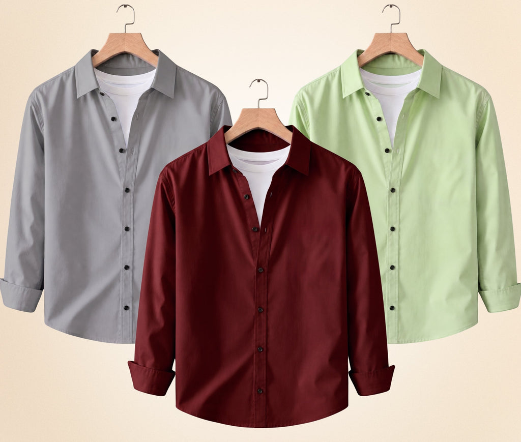 Blind Bear Men's Solid Full Sleeve Casual Shirts – Grey, Burgundy and Pista (Pack of 3)