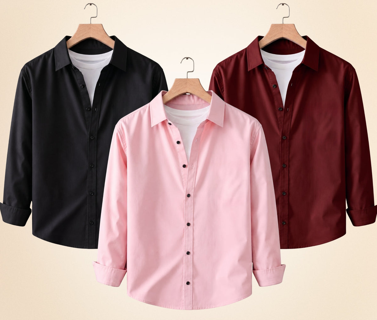 Blind Bear Men's Solid Full Sleeve Casual Shirts – Black, Burgundy and Peach Pink (Pack of 3)